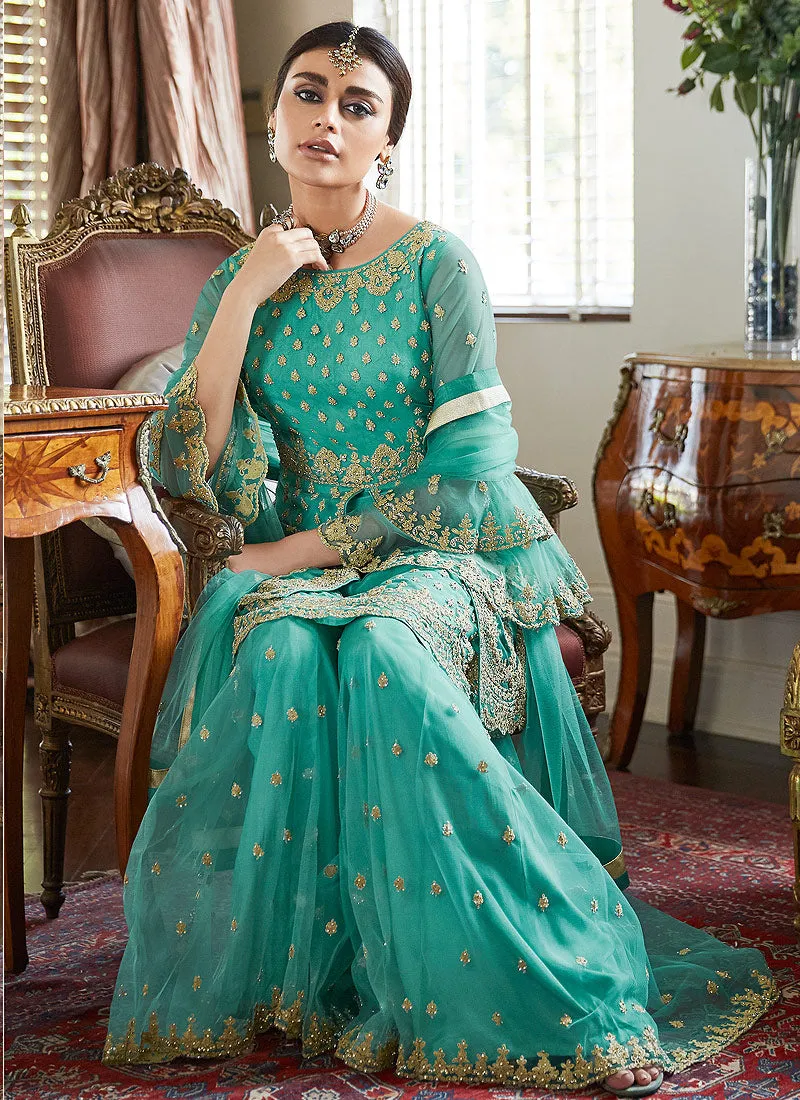 Aqua Blue Golden Embroidered Designer Gharara Suit