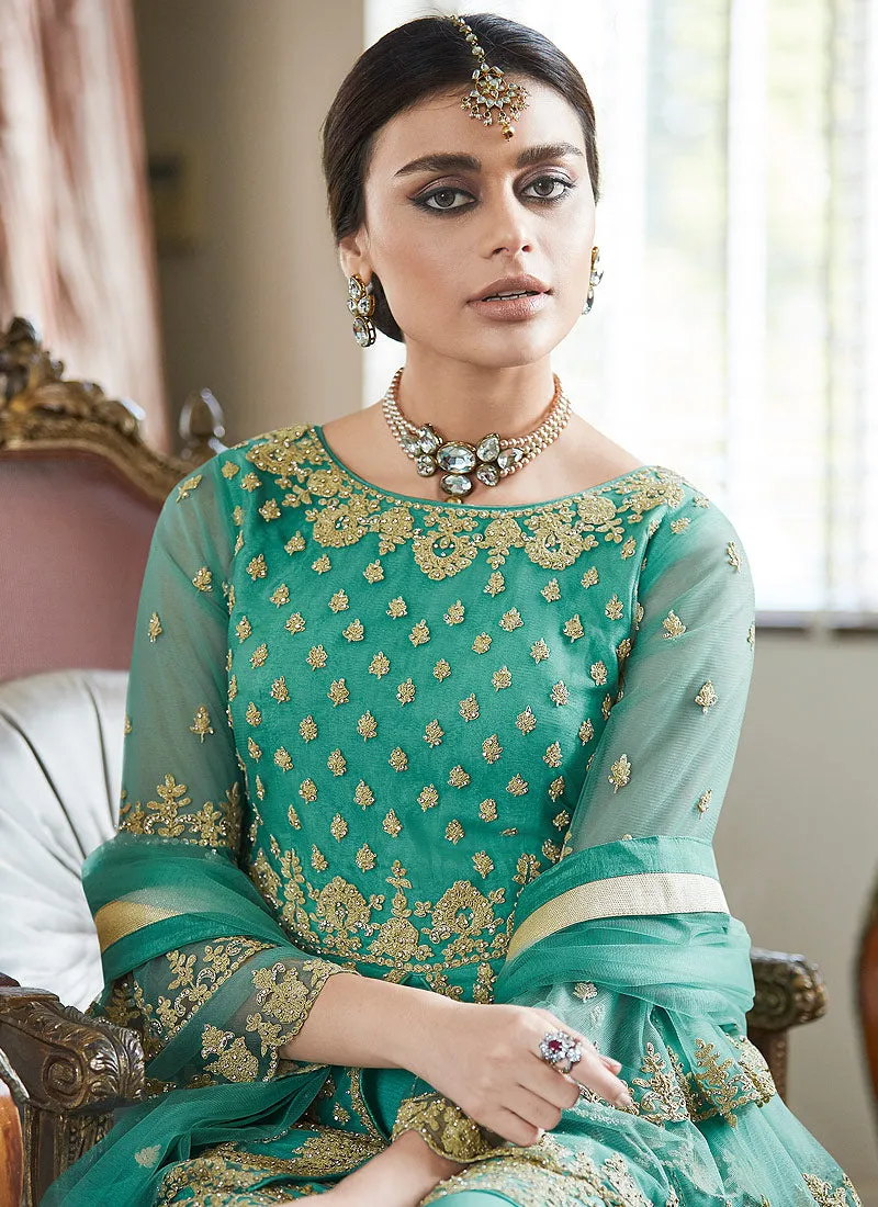 Aqua Blue Golden Embroidered Designer Gharara Suit