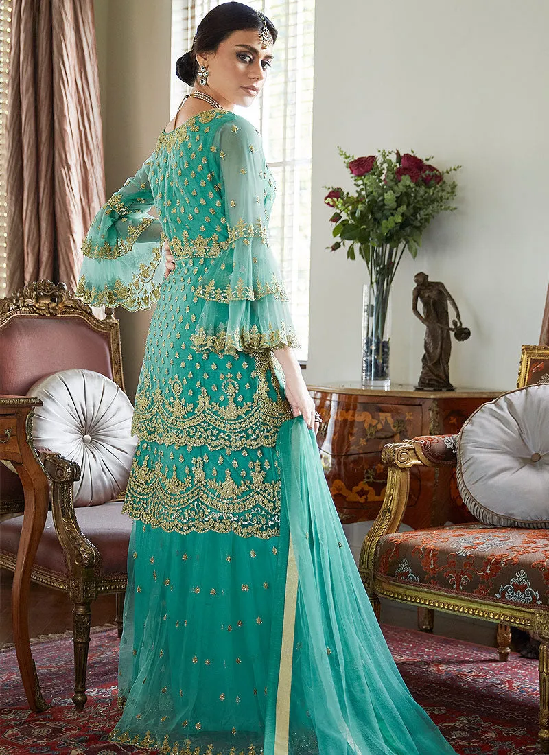 Aqua Blue Golden Embroidered Designer Gharara Suit