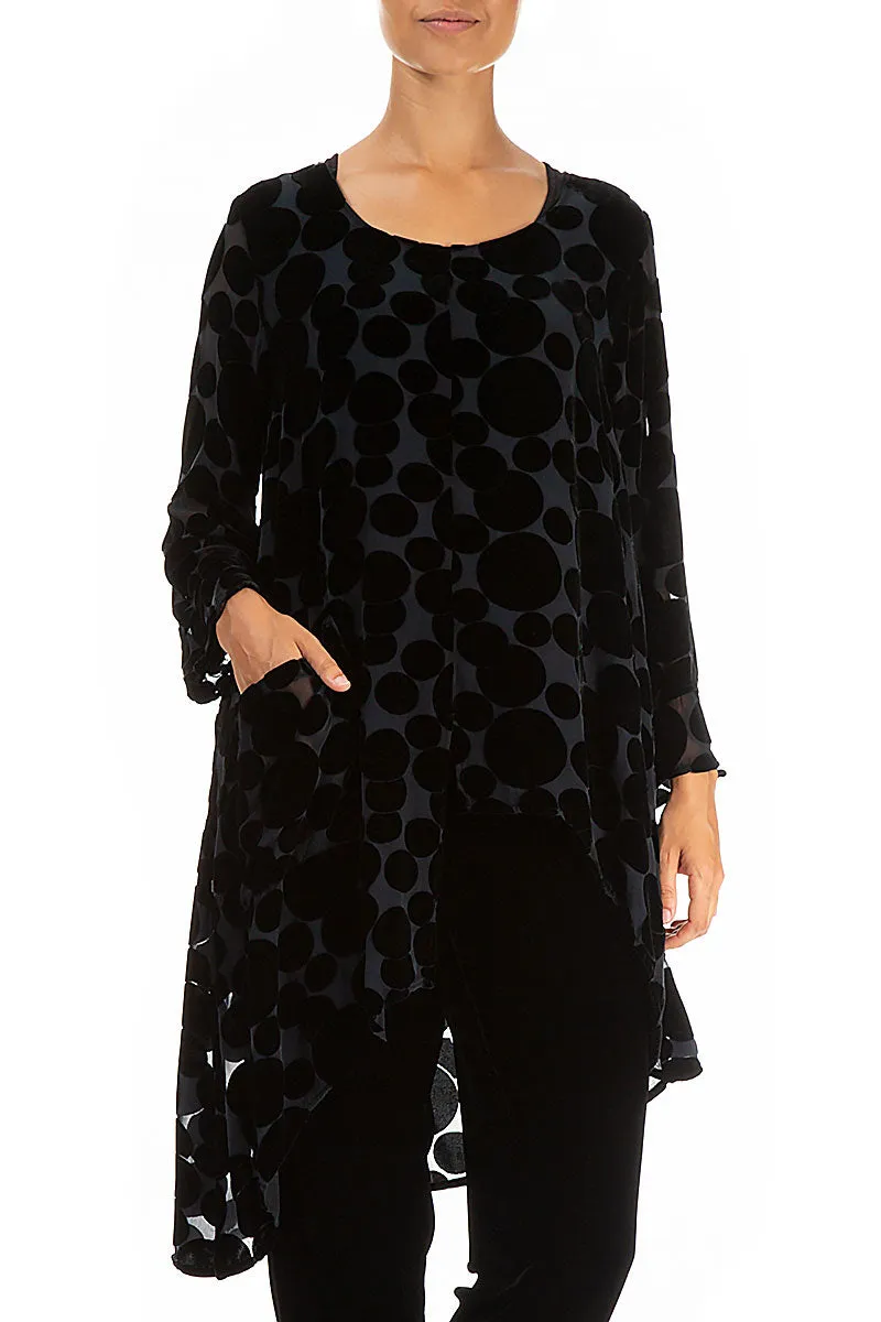 Asymmetrical Devoré Bubbles Black Silk Velvet Tunic