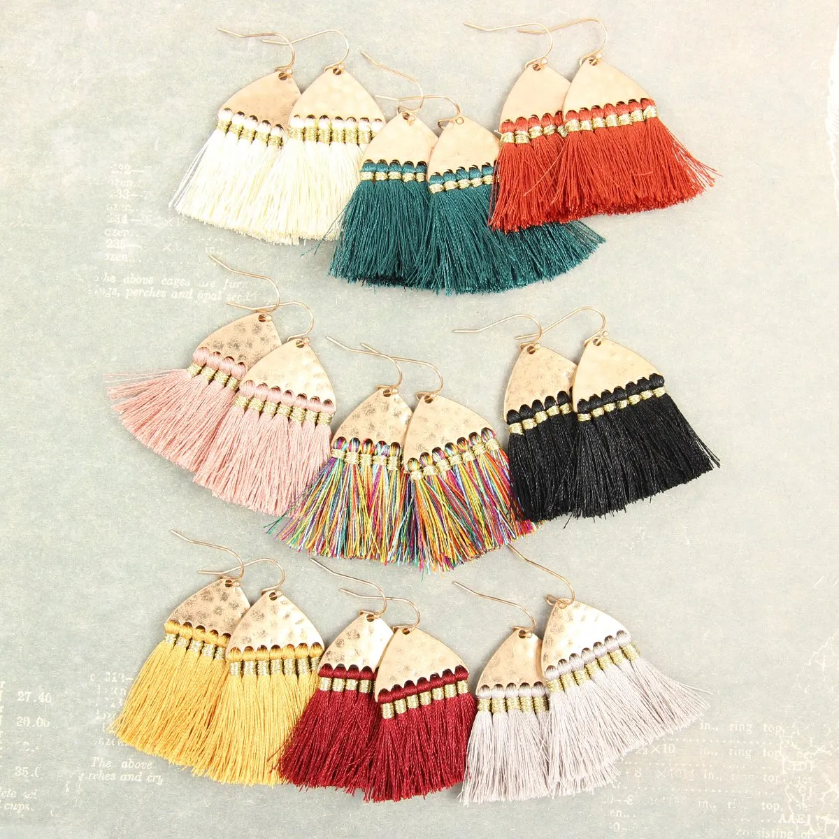 B2e2783 - Thread Tassel Hammered Metal Hook Earrings