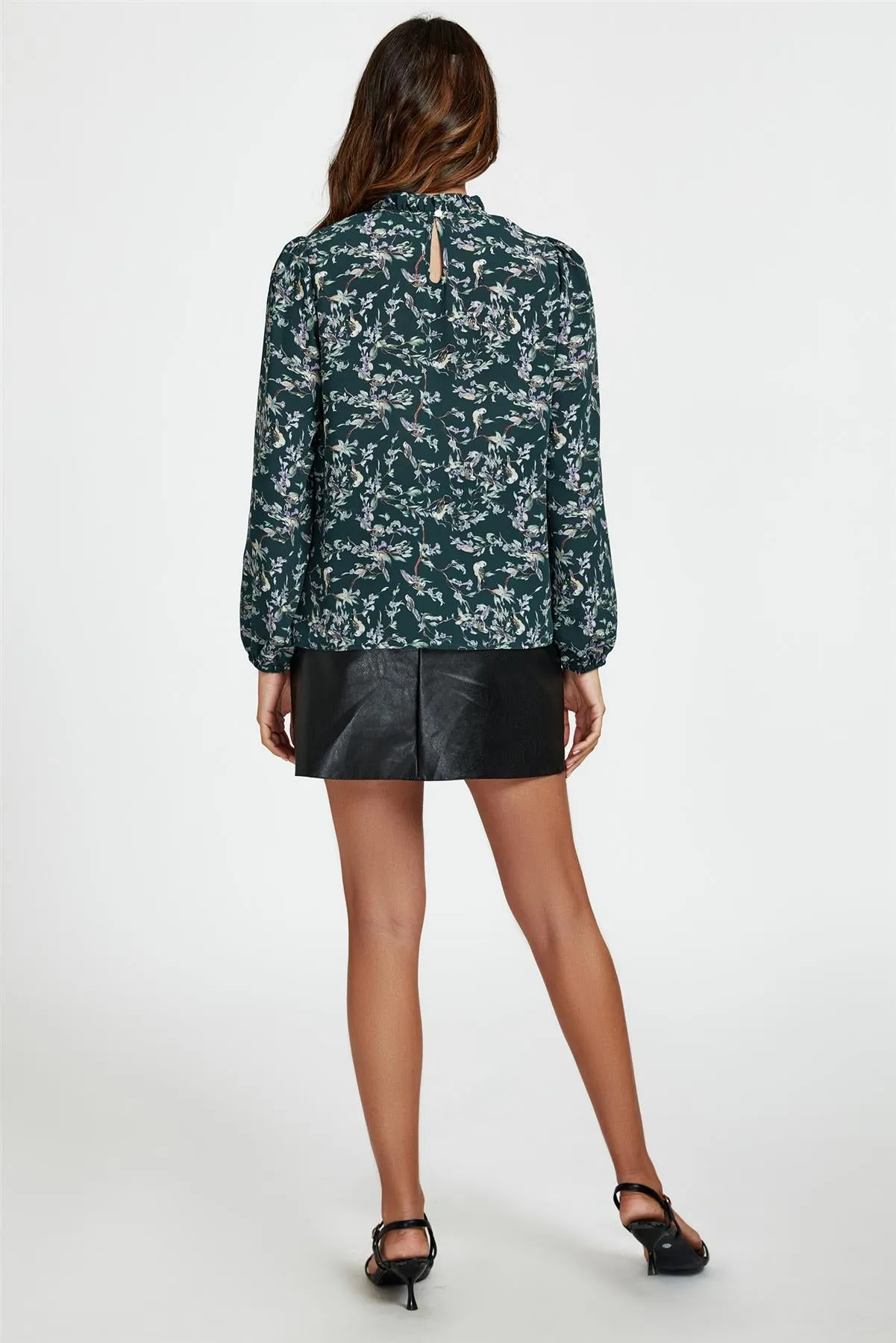 Bird & Floral Print Frill Detail High Neck Top In Green