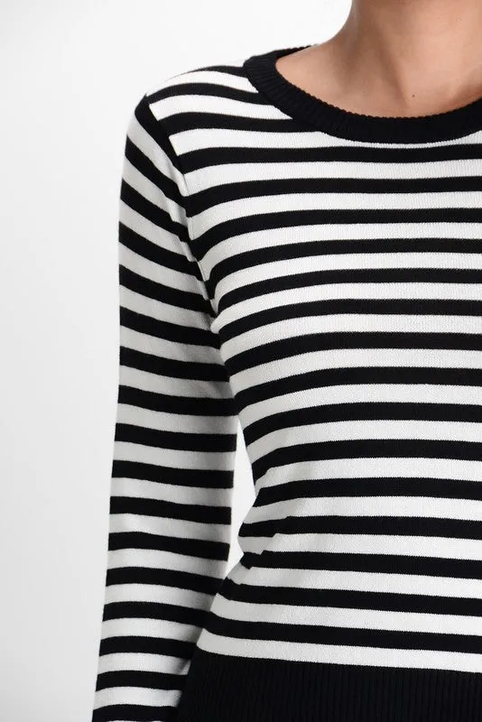 Black & White Striped Crew Neck Sweater