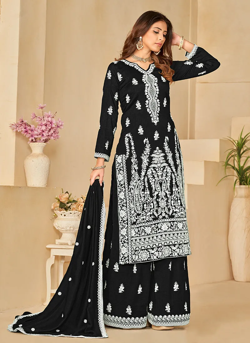 Black Sequence Embroidery Traditional Palazzo Suit