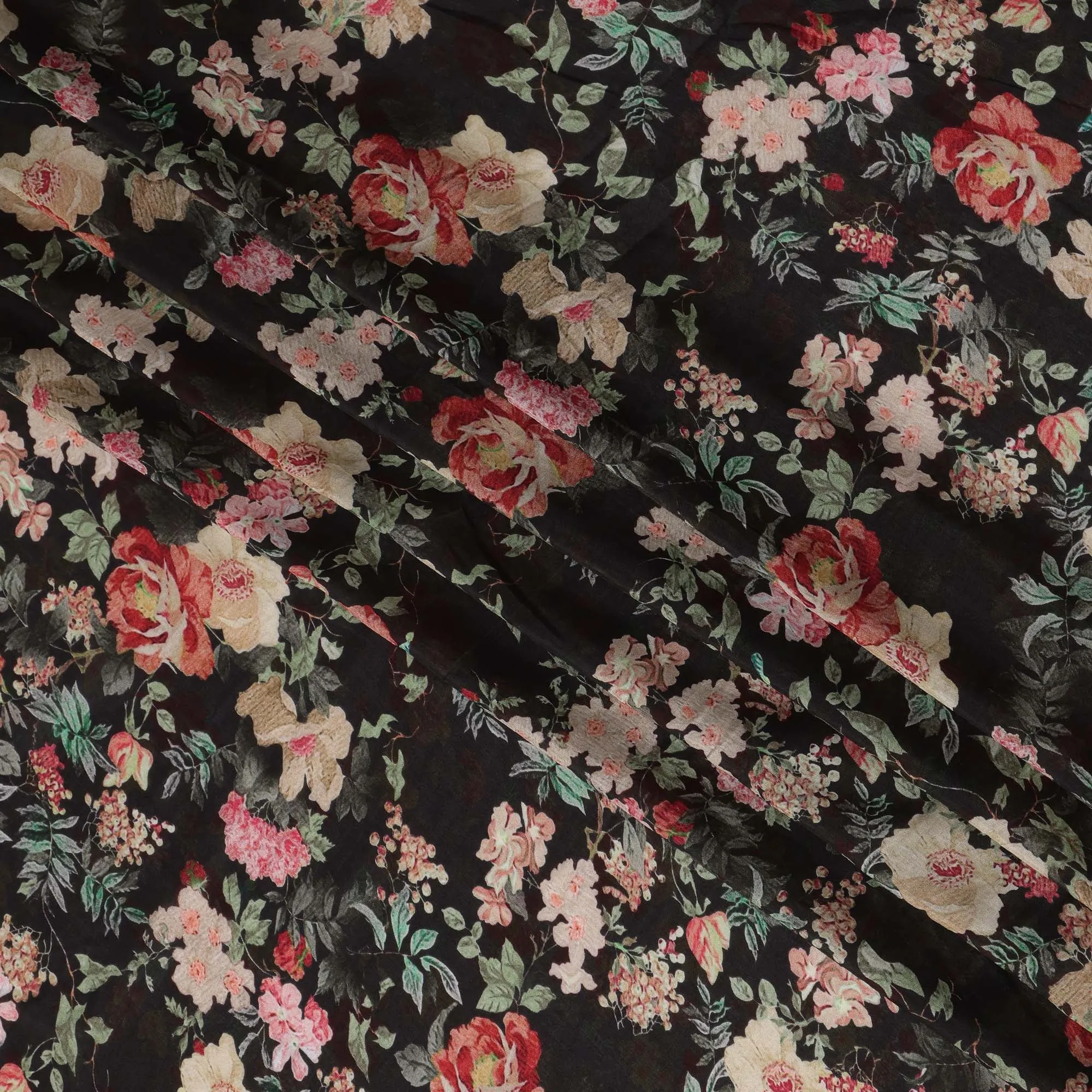 Black Viscose Cotton Digital Printed Fabric with Floral Design, 110 cm Width-D21338