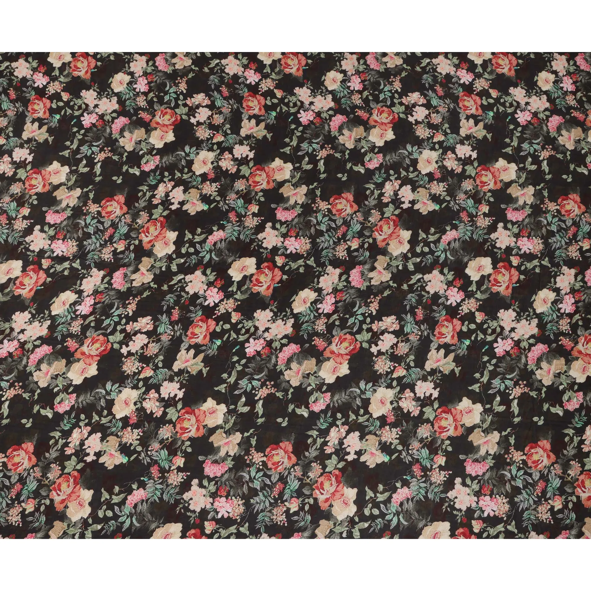 Black Viscose Cotton Digital Printed Fabric with Floral Design, 110 cm Width-D21338