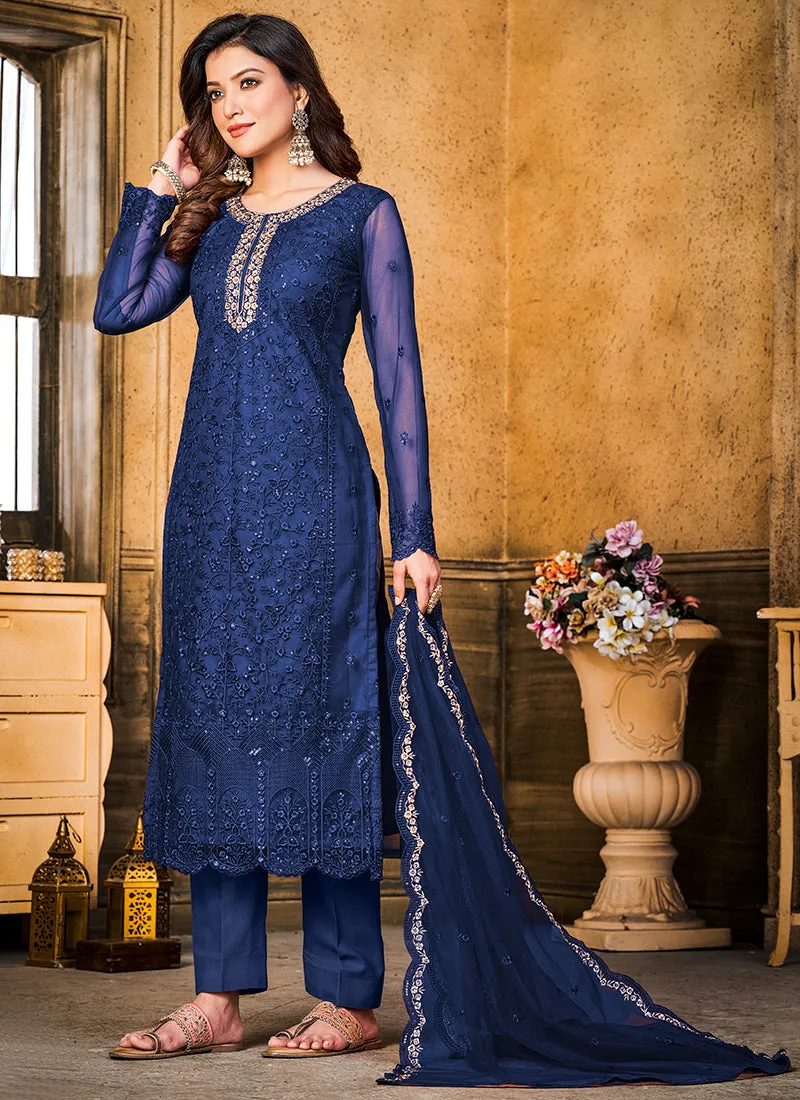 Blue Resham Thread And Sequence Embroidery Pant Style Suit