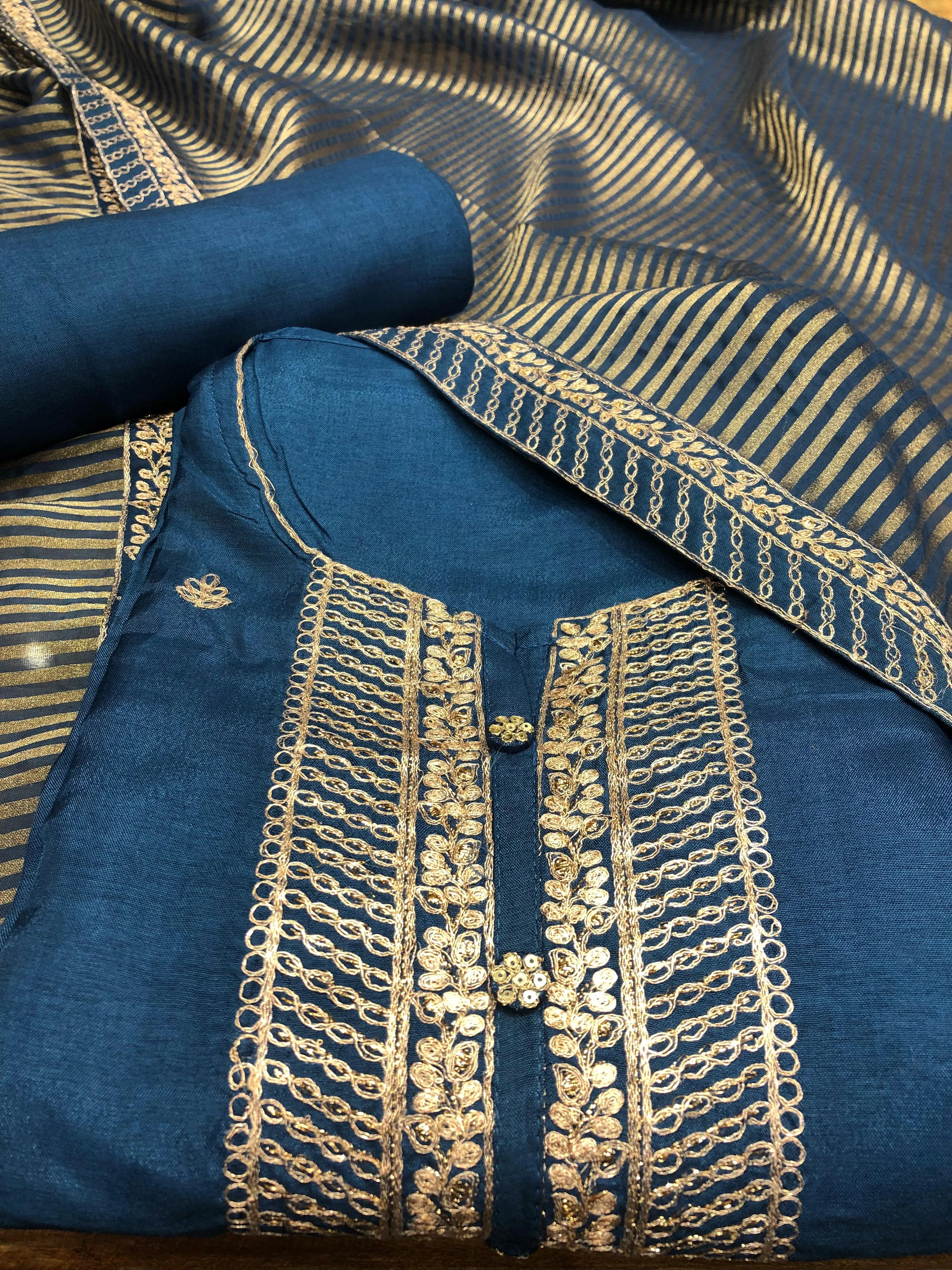 Blue Silk Semi-Stitch Suit With Golden Embroidery