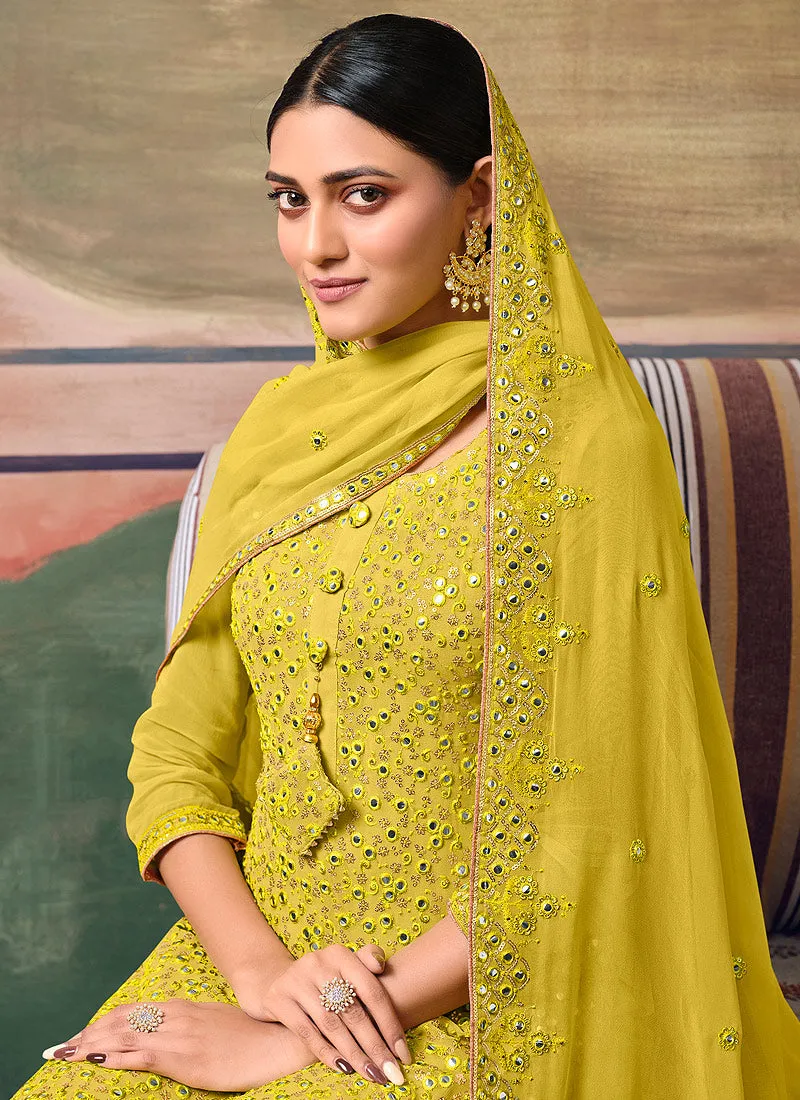 Bright Yellow Mirror Work Embroidered Georgette Sharara Suit