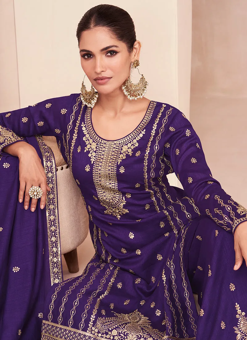 Deep Purple Embroidery Wedding Palazzo Suit