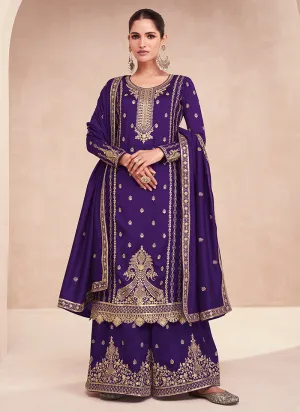 Deep Purple Embroidery Wedding Palazzo Suit