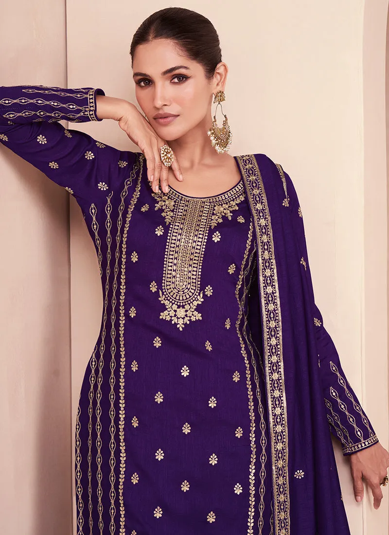 Deep Purple Embroidery Wedding Palazzo Suit