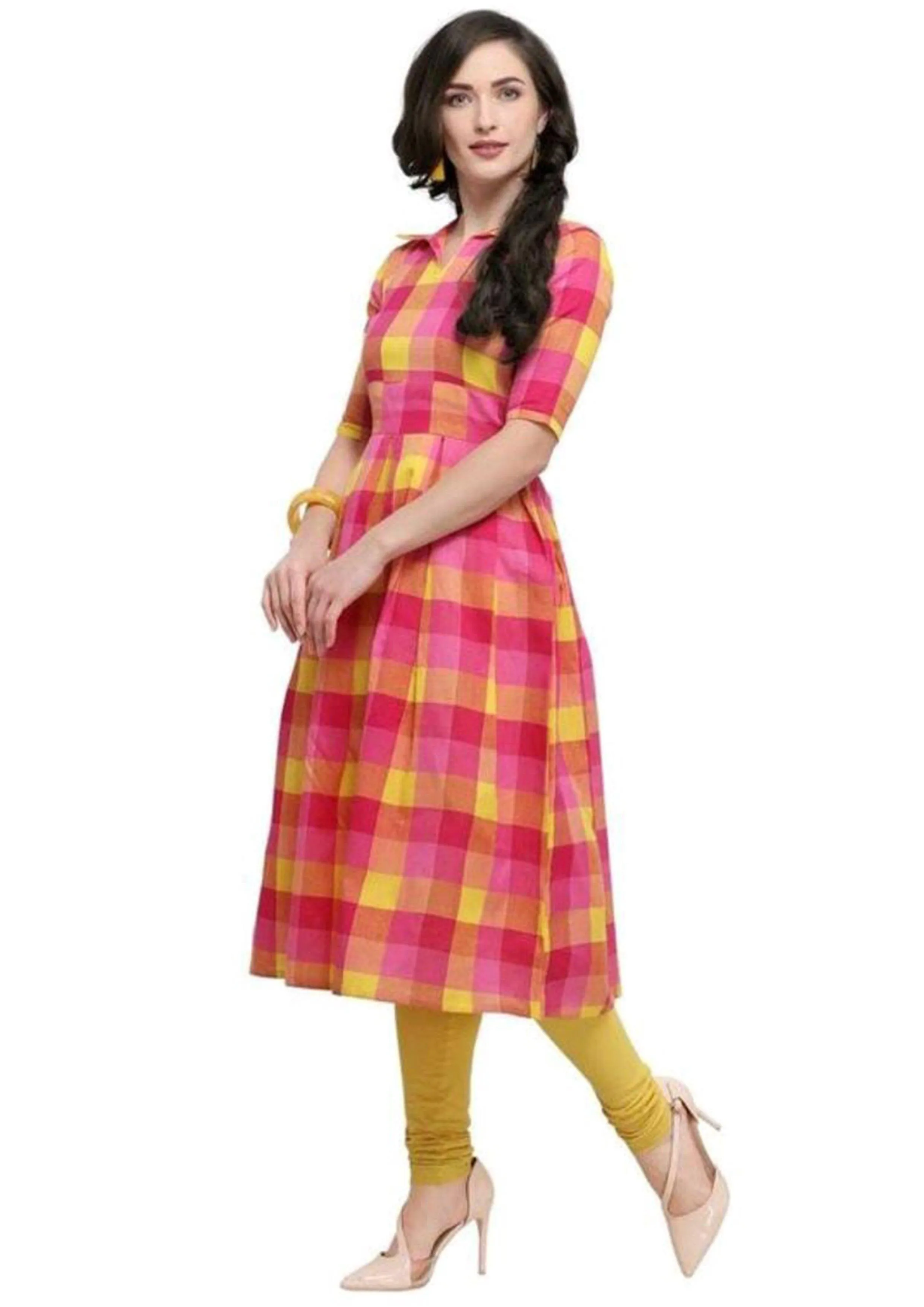 Designer Mart Pink & Yellow Cotton Weaving Checks Kurti