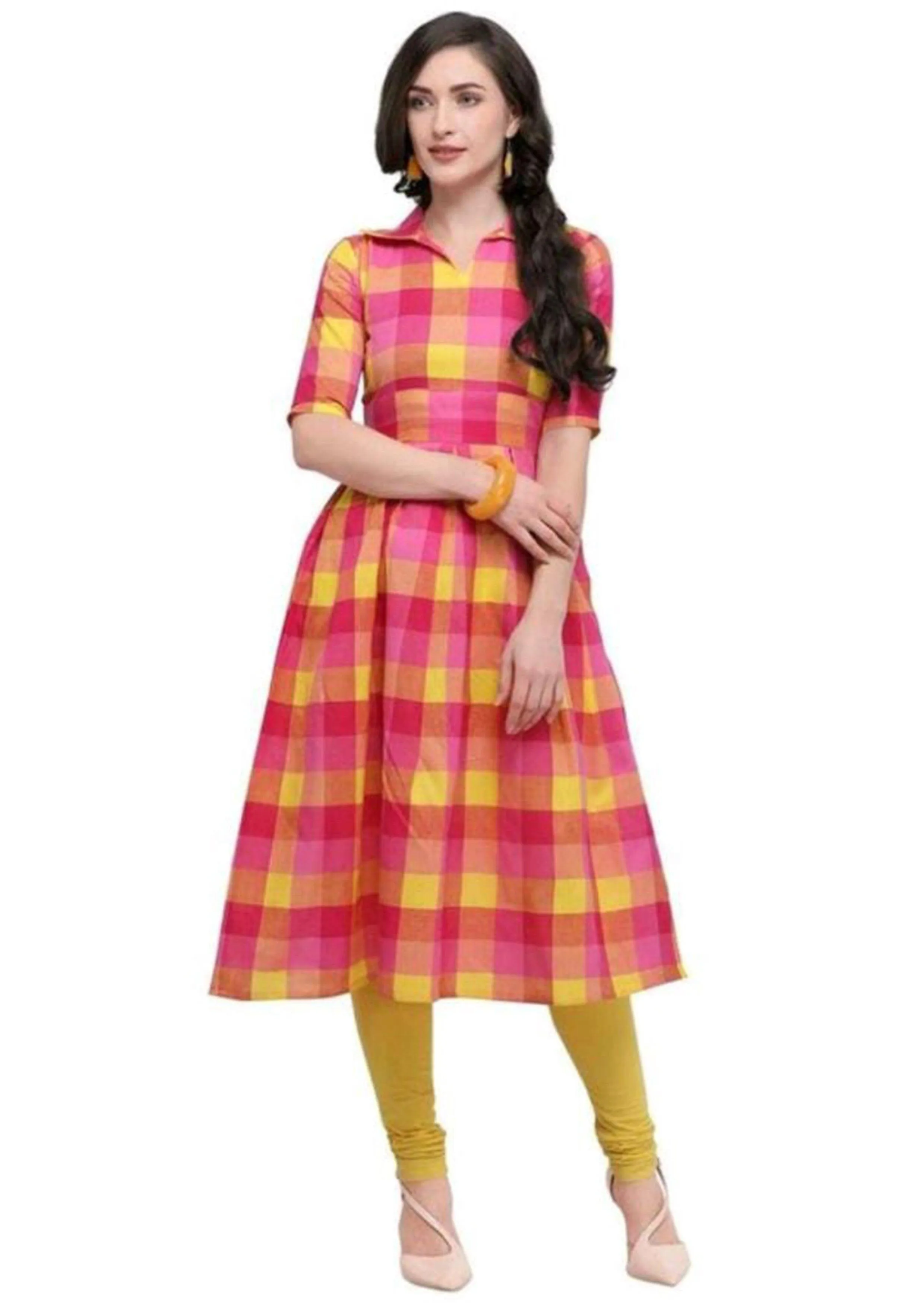 Designer Mart Pink & Yellow Cotton Weaving Checks Kurti