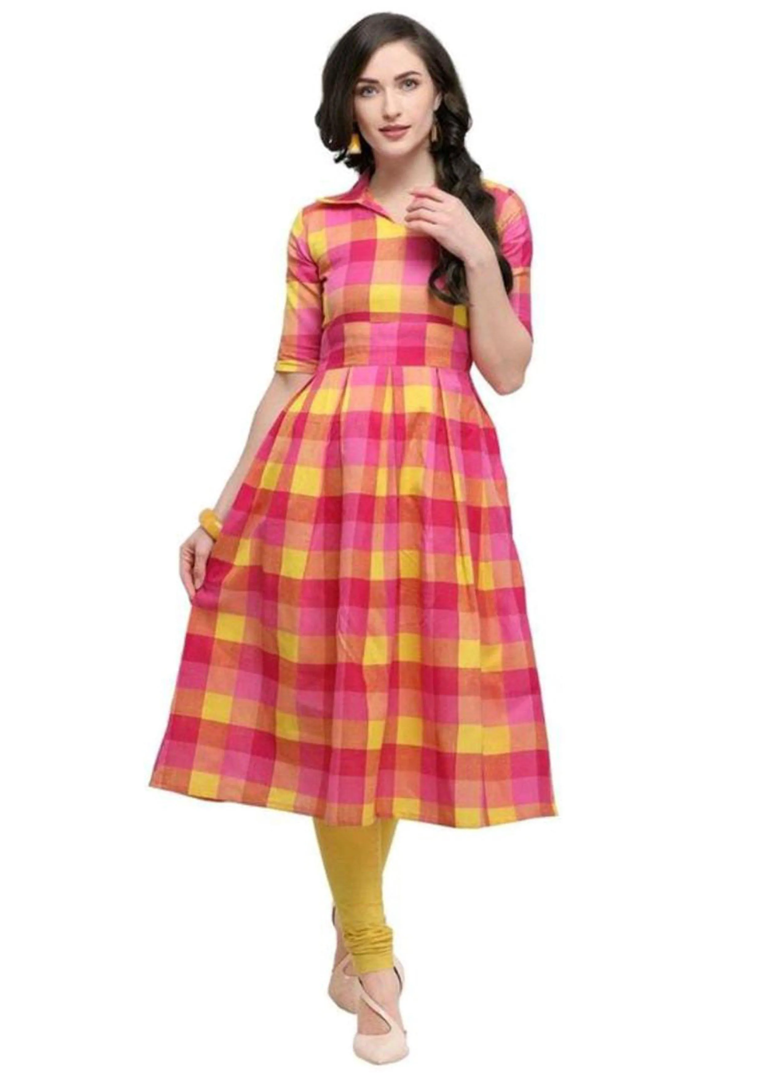 Designer Mart Pink & Yellow Cotton Weaving Checks Kurti