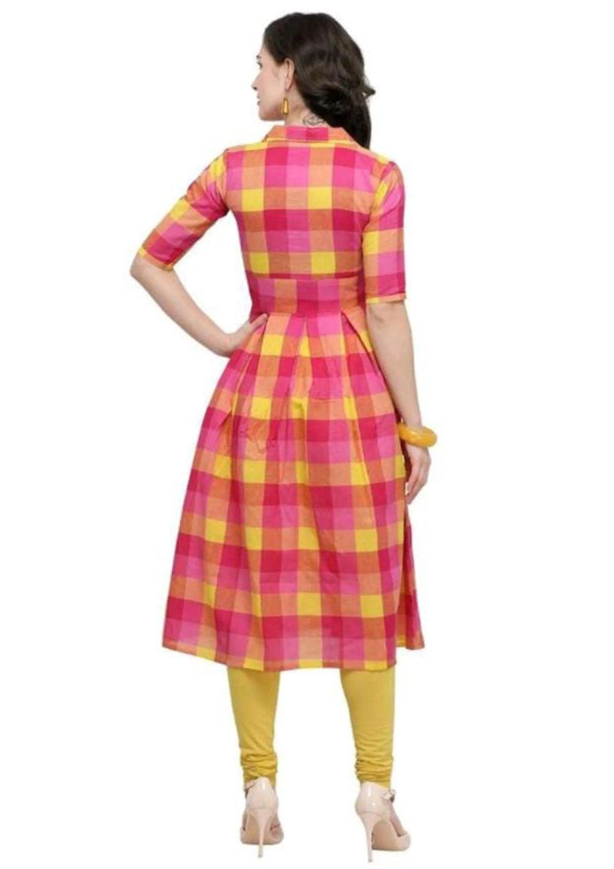 Designer Mart Pink & Yellow Cotton Weaving Checks Kurti