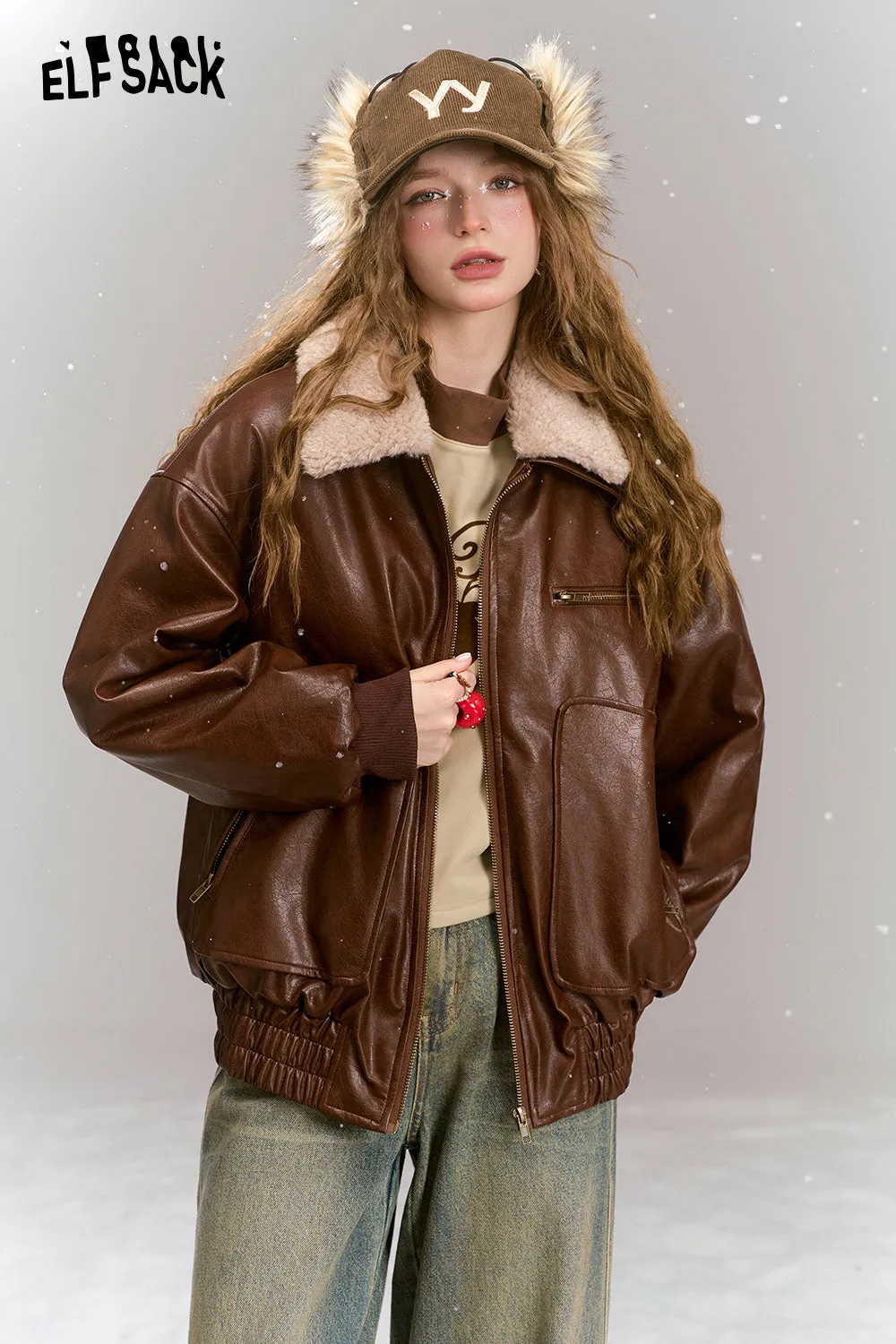 ELFSACK 2024 Winter New Arrivals Vintage brown windproof pu leather jacket