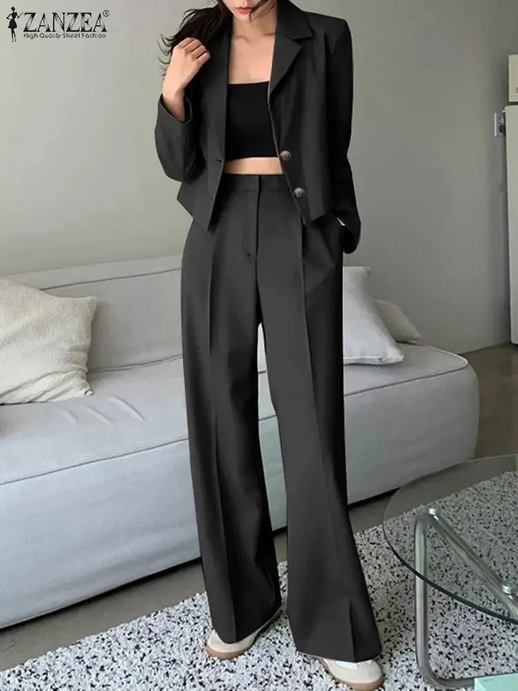 Fashion Blazer Suits Women Elegant Long Sleeve Tops Wide Leg Pants Sets 2PCS ZANZEA Casual Solid Work Matching Sets Outifits