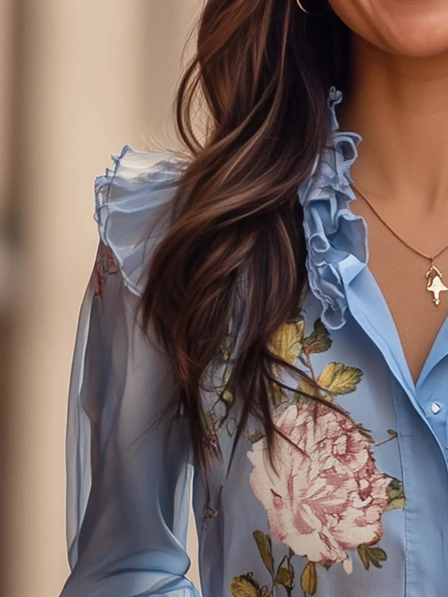 Floral Ruffle Chiffon Shirt