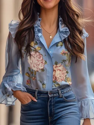 Floral Ruffle Chiffon Shirt