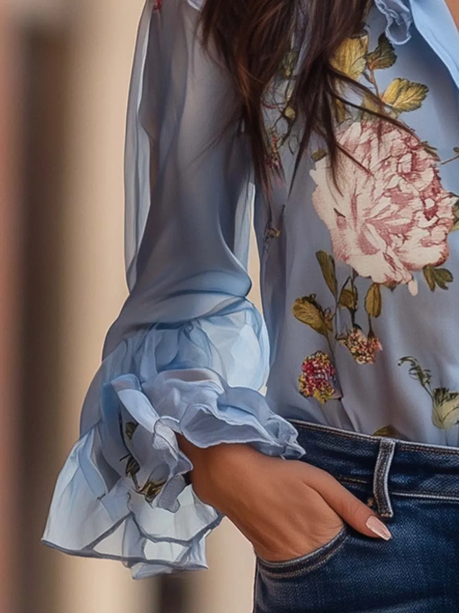 Floral Ruffle Chiffon Shirt