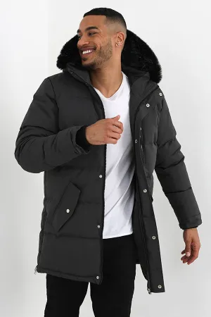 GREY FAUX FUR HOOD LONGER LENGTH PARKA COAT