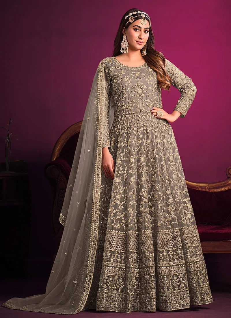 Grey Golden Embroidery Festive Anarkali Suit