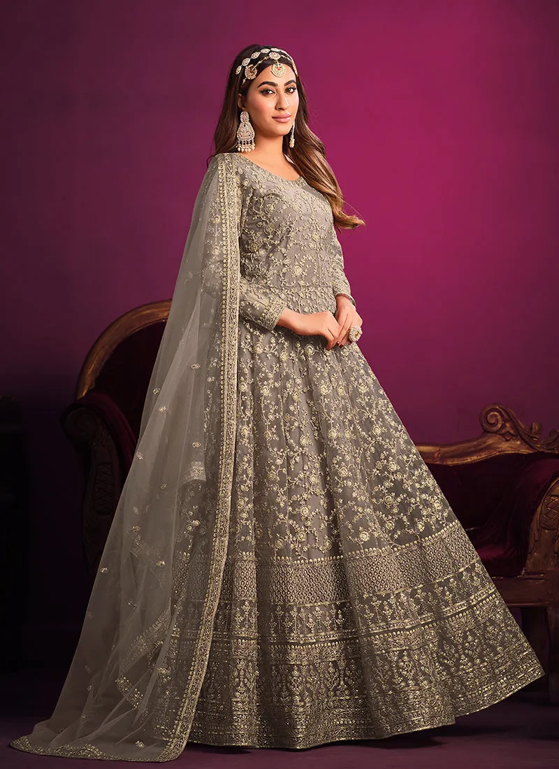 Grey Golden Embroidery Festive Anarkali Suit