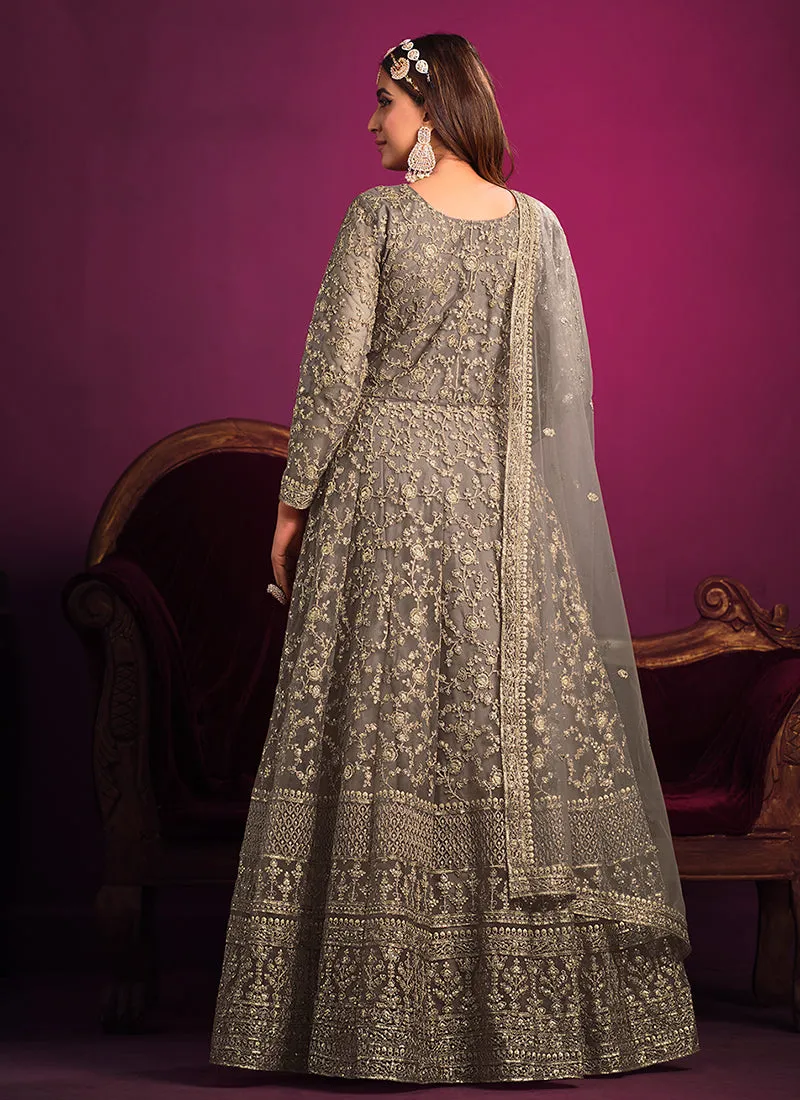 Grey Golden Embroidery Festive Anarkali Suit