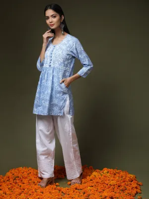 Hand Embroidery Chikankari Tunic for Women Printed Blue