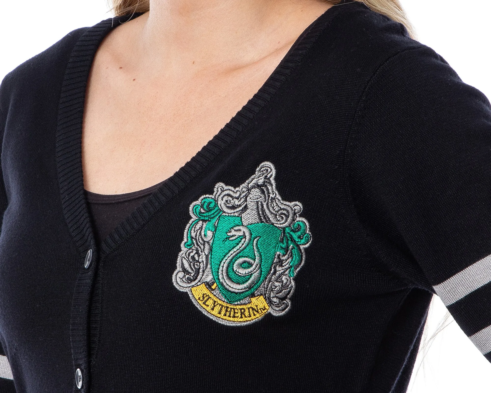 Harry Potter Womens' Slytherin House Open Front Cardigan Juniors Knit Sweater