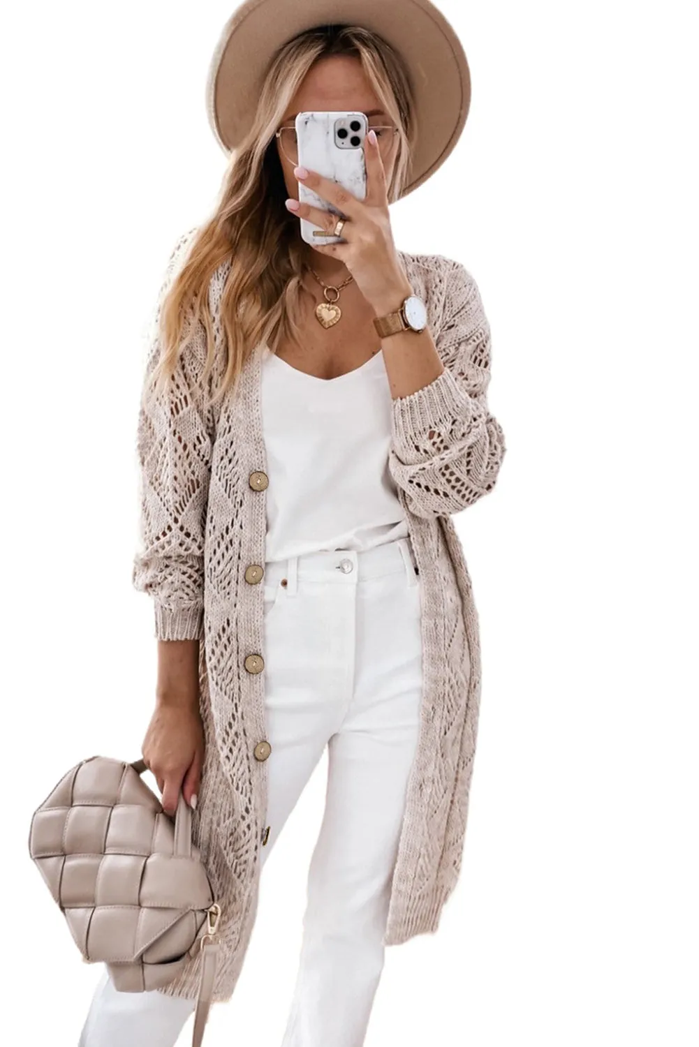 Khaki Hollow-out Openwork Knit Cardigan - 5 colors