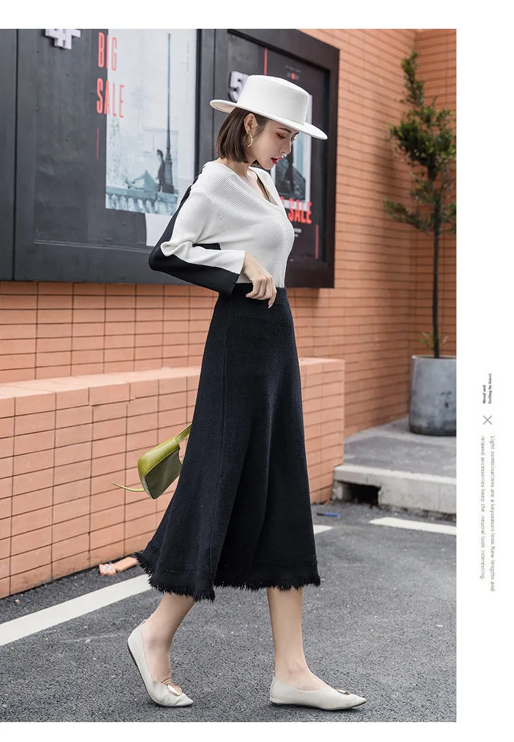 Korean Knitted Skirt Women Plus Size Mid-Length High Waist A-Line Slim Look Fringe Burr Skirt