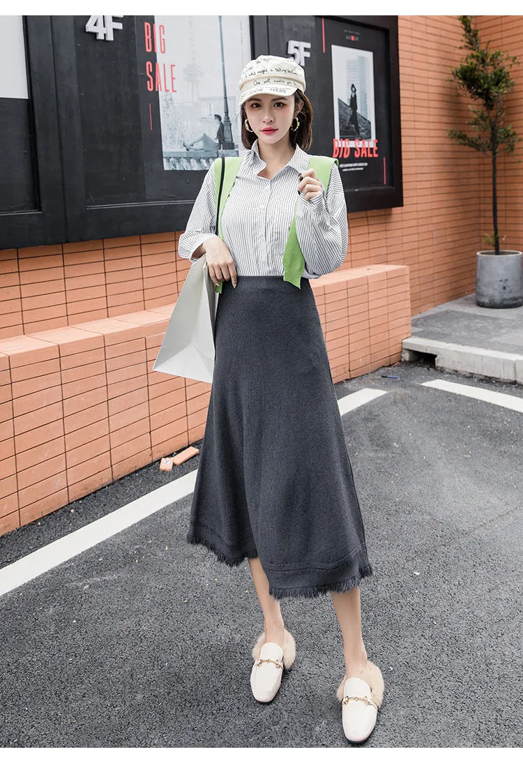 Korean Knitted Skirt Women Plus Size Mid-Length High Waist A-Line Slim Look Fringe Burr Skirt