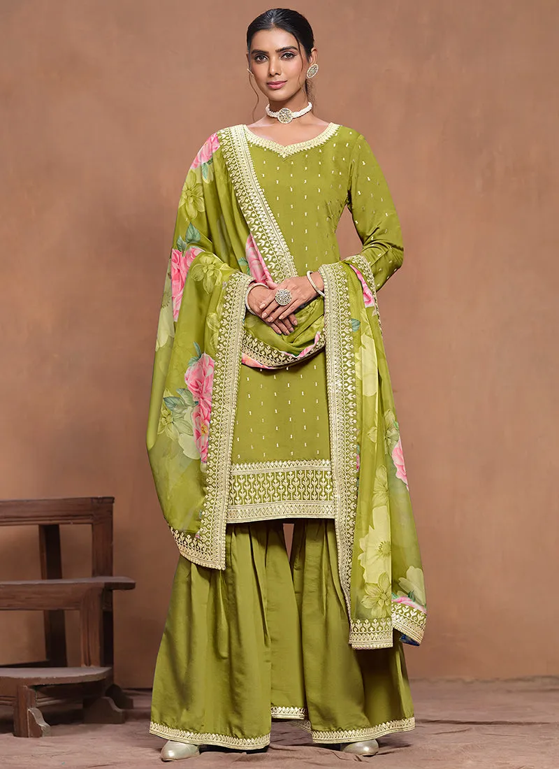 Lime Green Embroidered Silk Gharara Suit