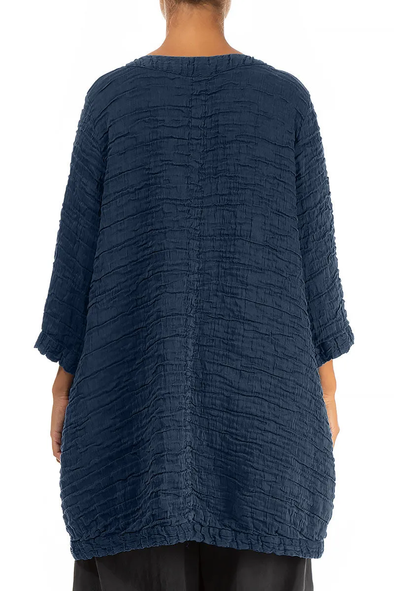 Longer Back Navy Crinkled Silk Tunic