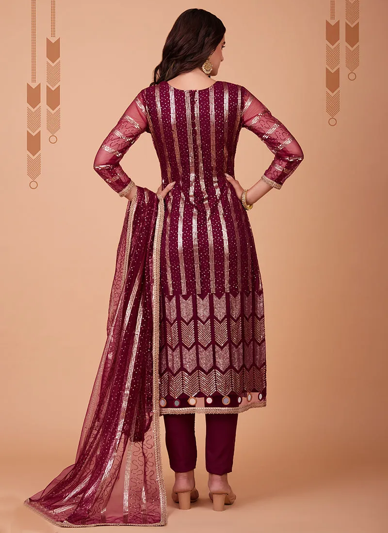 Maroon Zari And Sequence Embroidery Pant Style Suit