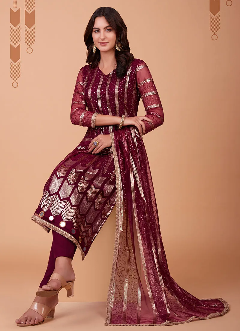 Maroon Zari And Sequence Embroidery Pant Style Suit