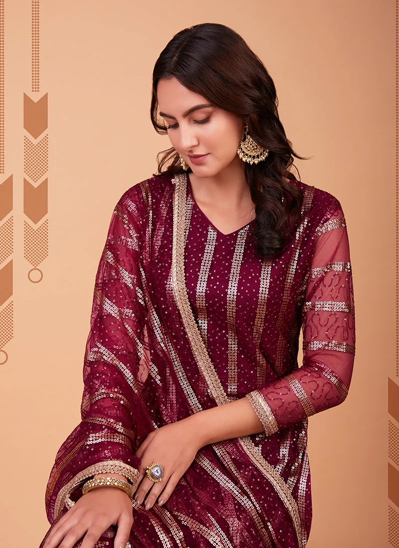 Maroon Zari And Sequence Embroidery Pant Style Suit