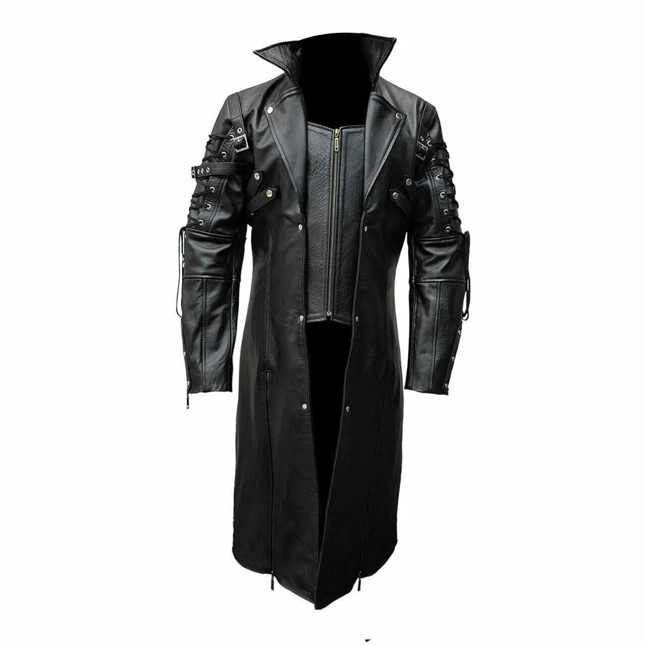 Men Black Leather Goth Matrix Trench Coat Steampunk Gothic - T18