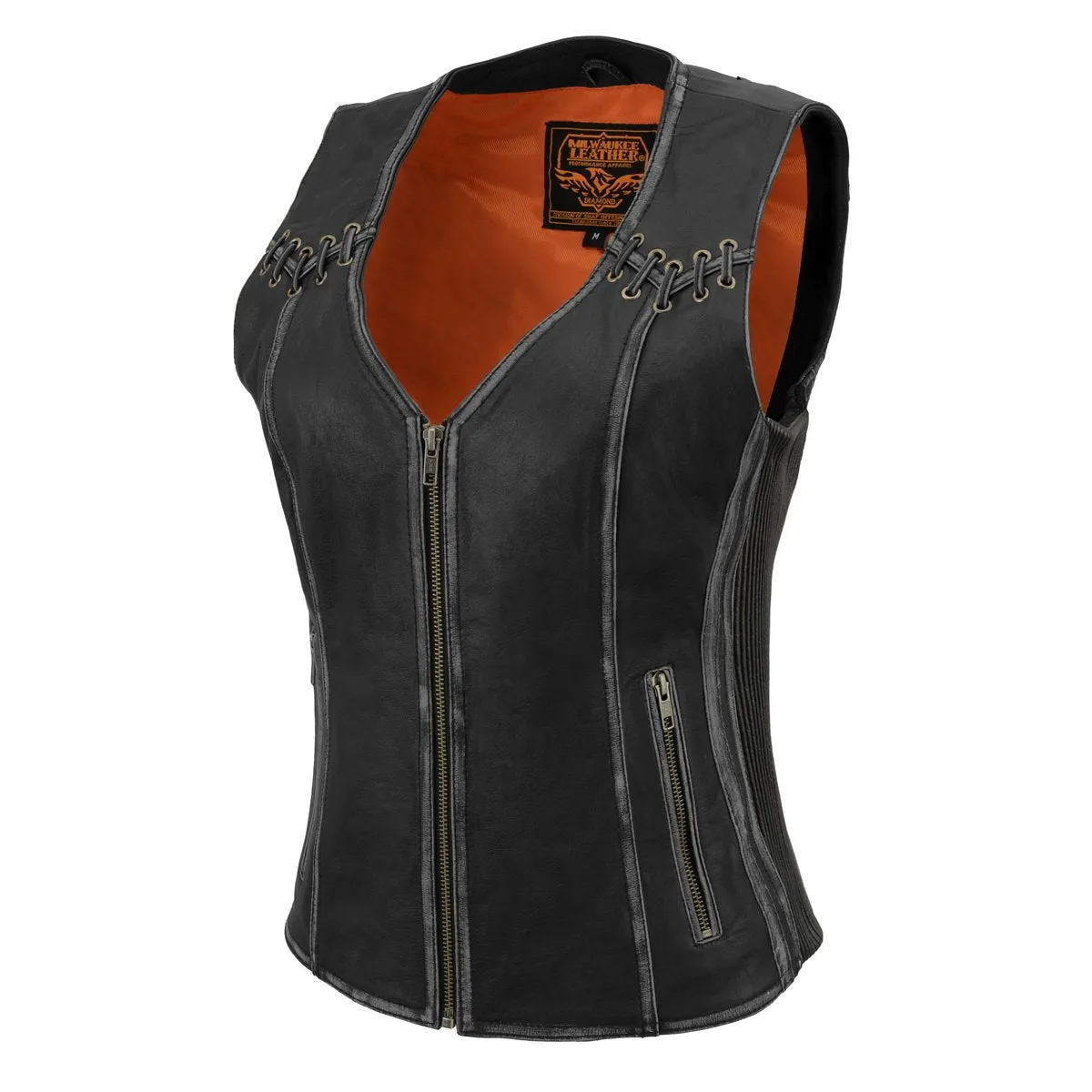 Milwaukee Leather MLL4526 Women's Distress Grey Leather Motorcycle Rider Vest- Stretch Side Panel W/ Lacing Detail