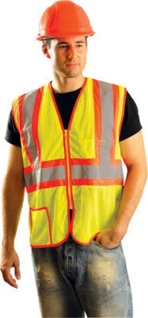 OccuNomix Medium Hi-Viz Yellow Lightweight Mesh Class 2 Vest With Zipper Front Closure, 2" Silver Reflective Tape Striping And 2 Pockets