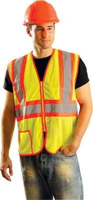 OccuNomix Medium Hi-Viz Yellow Lightweight Mesh Class 2 Vest With Zipper Front Closure, 2" Silver Reflective Tape Striping And 2 Pockets