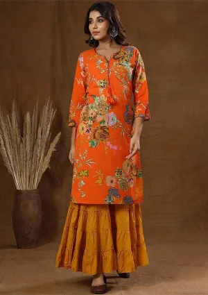 Orange Printed Kurta Sharara Set