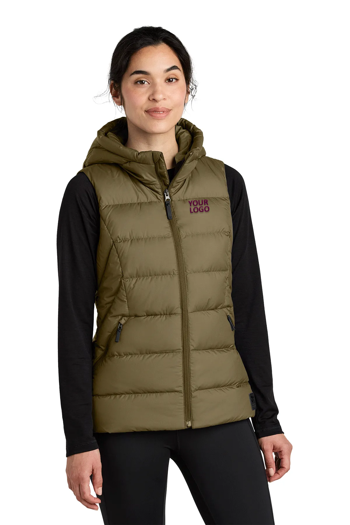 Outdoor Research Womens Coldsnap Hooded Down Custom Vests, Loden