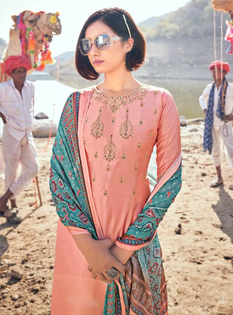 Party Wear Pink Unstitched Silk Suit Material for Ladies