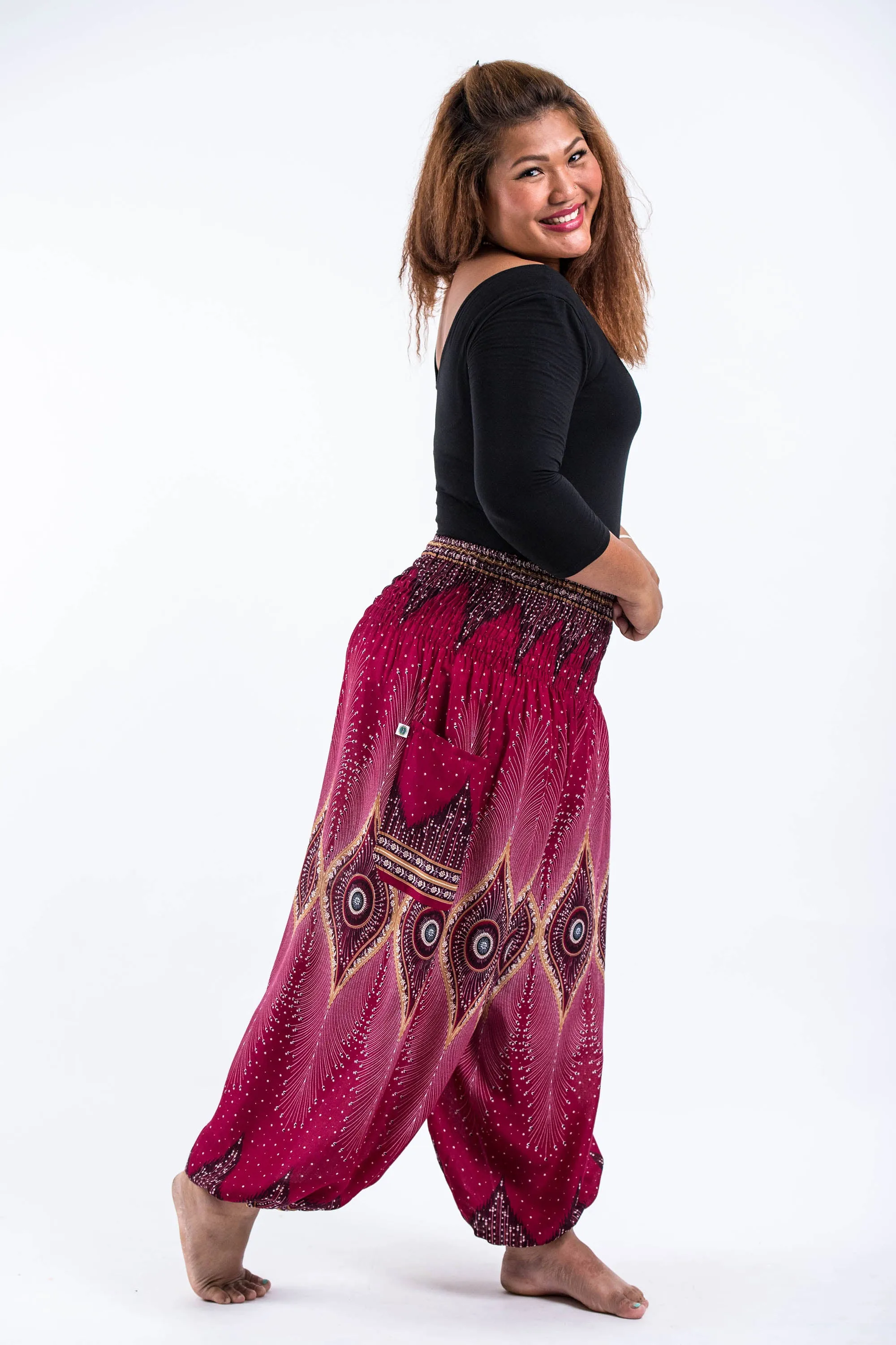 Plus Size Unisex Diamond Peacock Harem Pants in Red