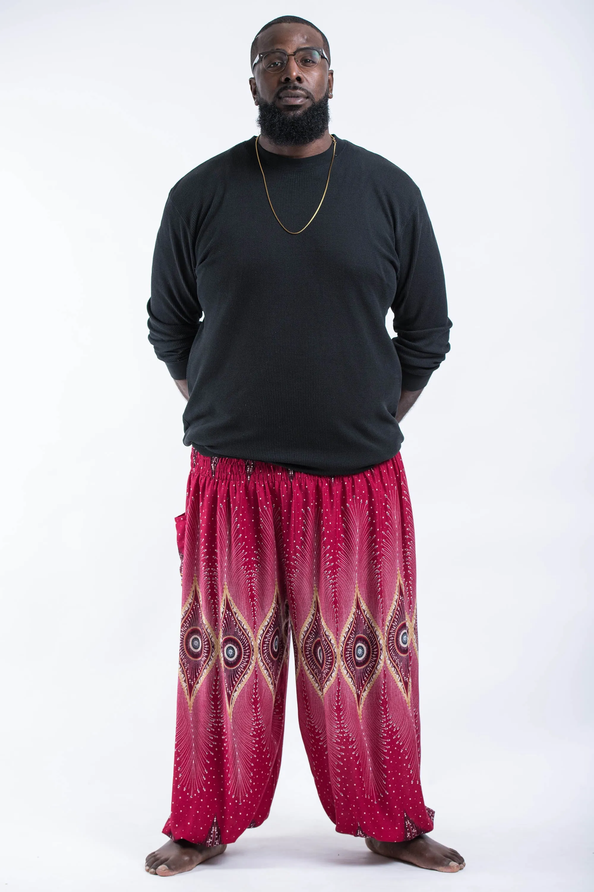 Plus Size Unisex Diamond Peacock Harem Pants in Red