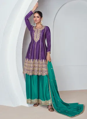 Purple And Green Multi Embroidered Wedding Palazzo Suit