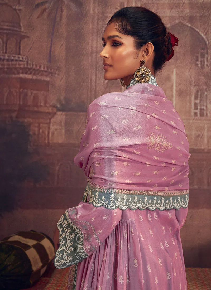 Purple And Grey Thread Embroidery Anarkali Palazzo Suit